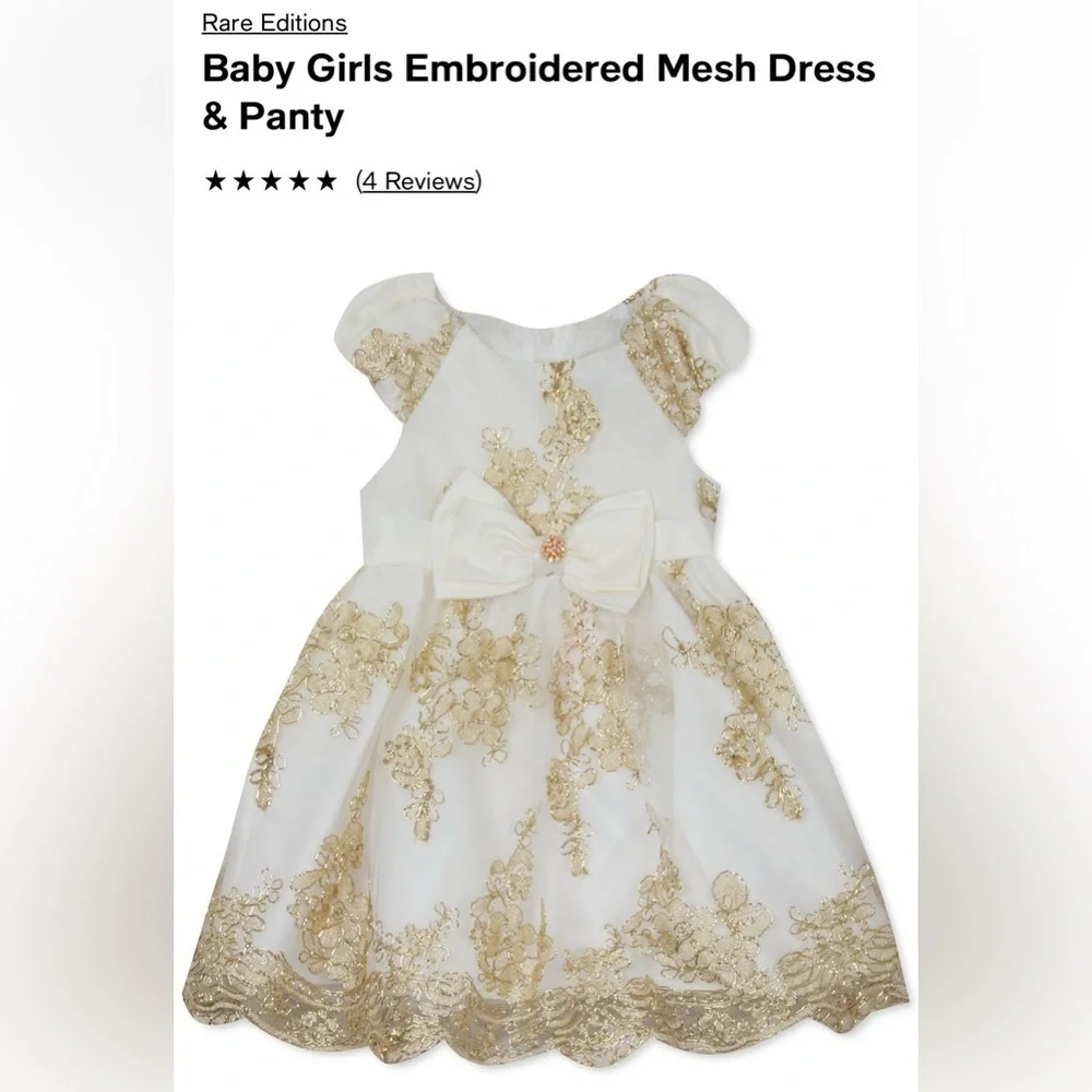 Rare Editions - Gold flower embroidery mesh Ivory baby 2pc dress (Size 12m) NWT